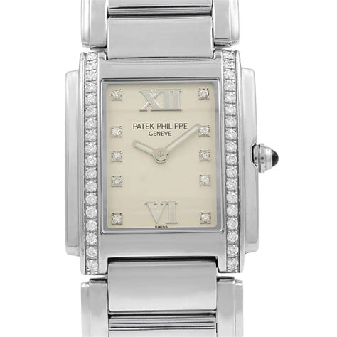 patek philippe 24 diamond 4910-10a-011 steel quartz ladies watch|Patek Philippe blue sunburst watch.